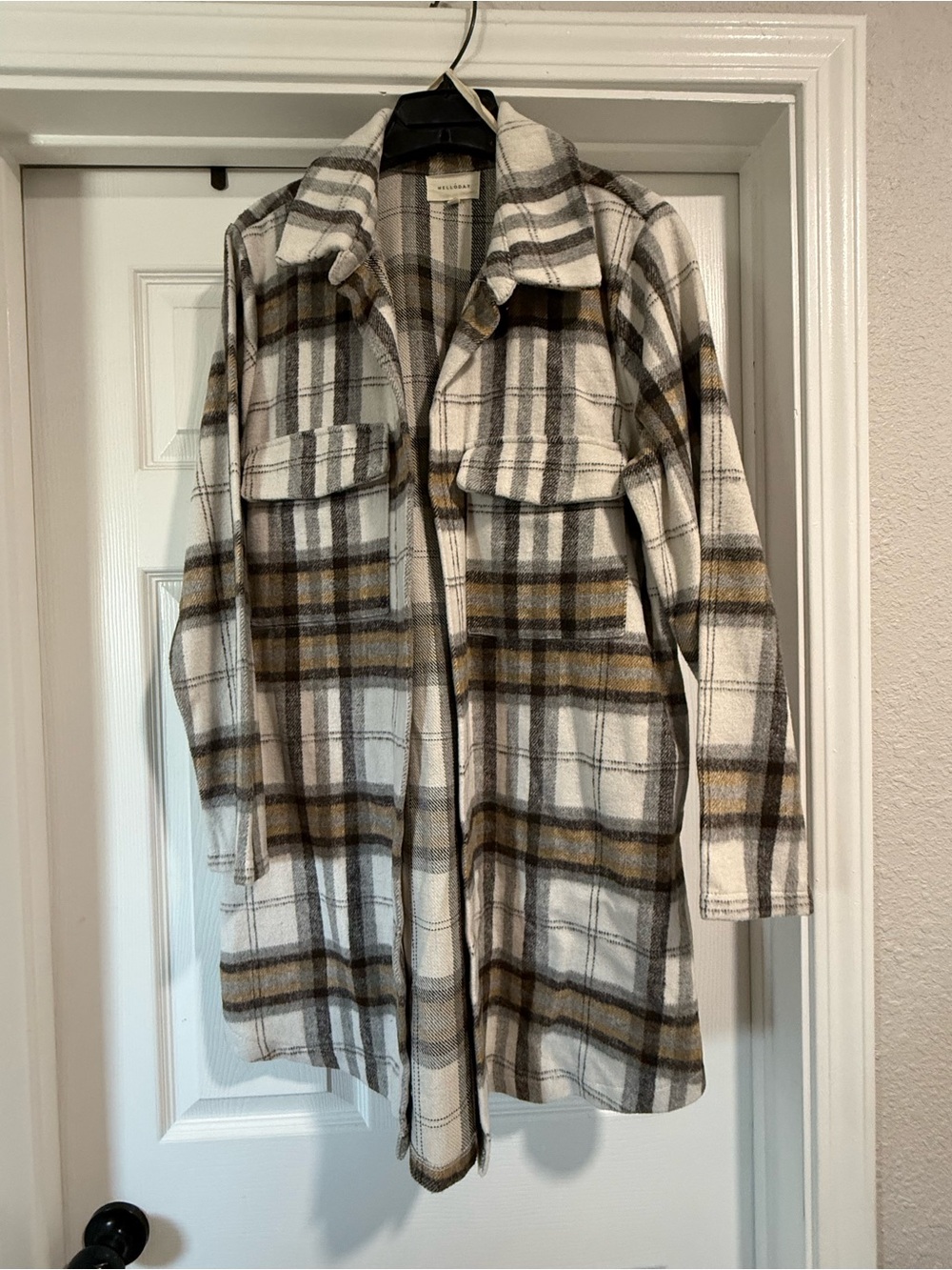 MELLODAY Plaid Long Shacket in White, Gray & Brown